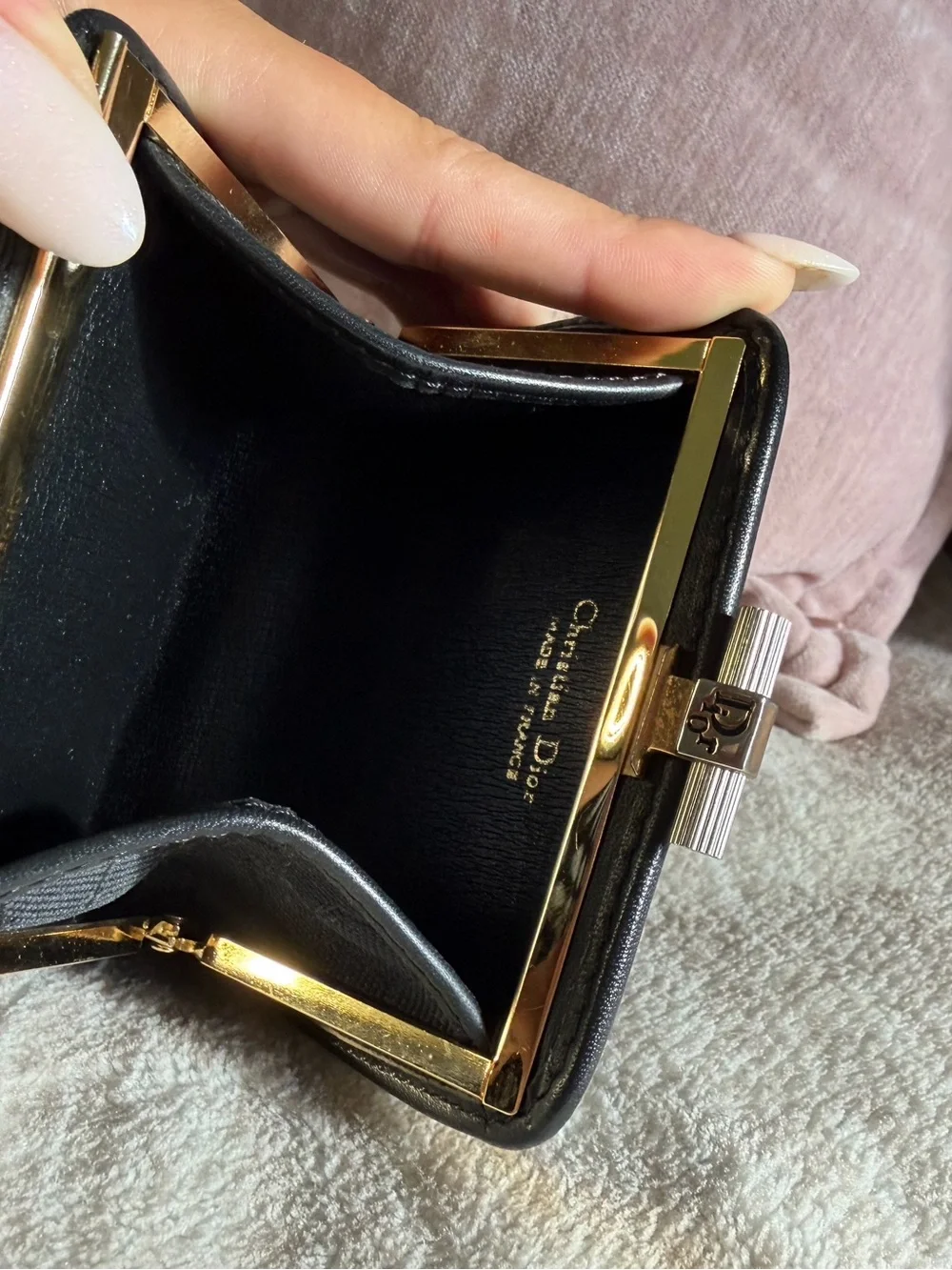 Vintage Christian Dior Black Honeycomb Canvas Kiss Lock Coin Purse